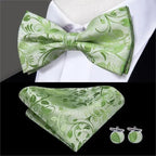 Green Color Silk Butterfly Pre-Tied Bow Tie Pocket Square Cufflinks Suit Set For Men Silk Adjustable Self Bowtie Formal Bowtie Set Stevvex