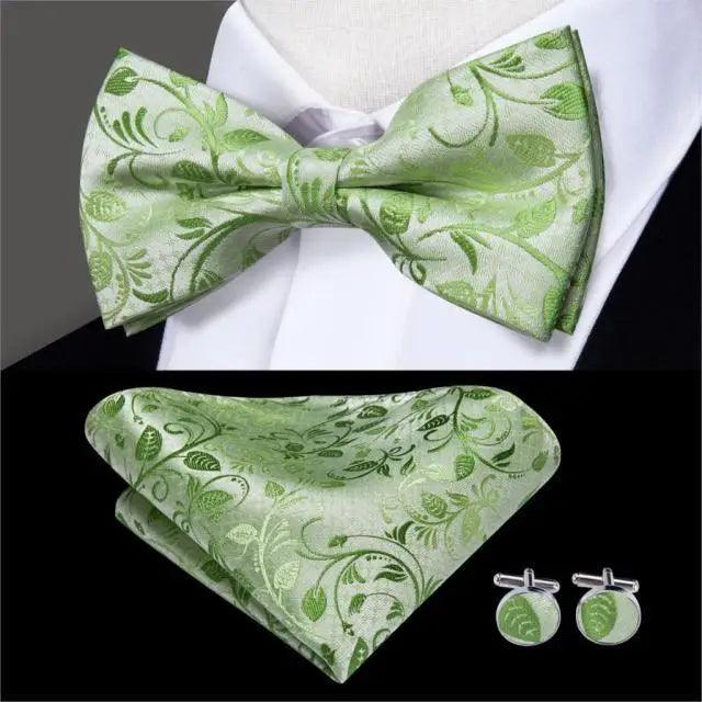 Green Color Silk Butterfly Pre-Tied Bow Tie Pocket Square Cufflinks Suit Set For Men Silk Adjustable Self Bowtie Formal Bowtie Set Stevvex