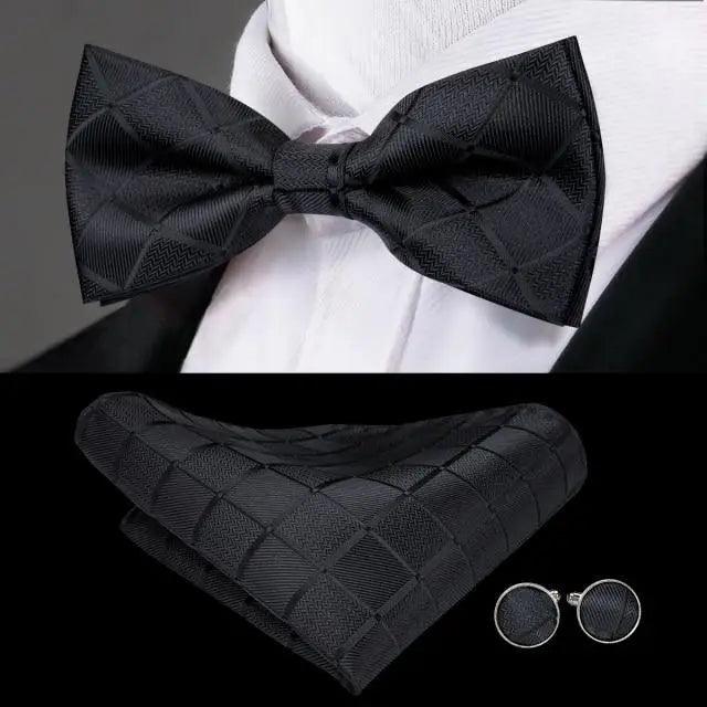 Green Color Silk Butterfly Pre-Tied Bow Tie Pocket Square Cufflinks Suit Set For Men Silk Adjustable Self Bowtie Formal Bowtie Set Stevvex