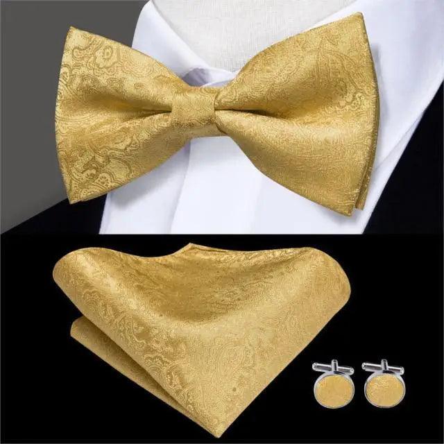 Green Color Silk Butterfly Pre-Tied Bow Tie Pocket Square Cufflinks Suit Set For Men Silk Adjustable Self Bowtie Formal Bowtie Set Stevvex