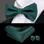 Green Color Silk Butterfly Pre-Tied Bow Tie Pocket Square Cufflinks Suit Set For Men Silk Adjustable Self Bowtie Formal Bowtie Set Stevvex
