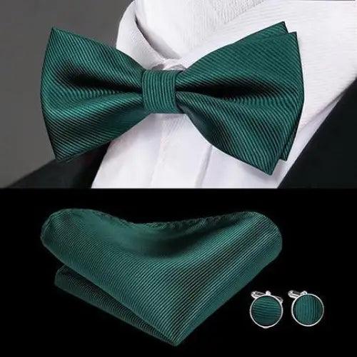 Green Color Silk Butterfly Pre-Tied Bow Tie Pocket Square Cufflinks Suit Set For Men Silk Adjustable Self Bowtie Formal Bowtie Set Stevvex