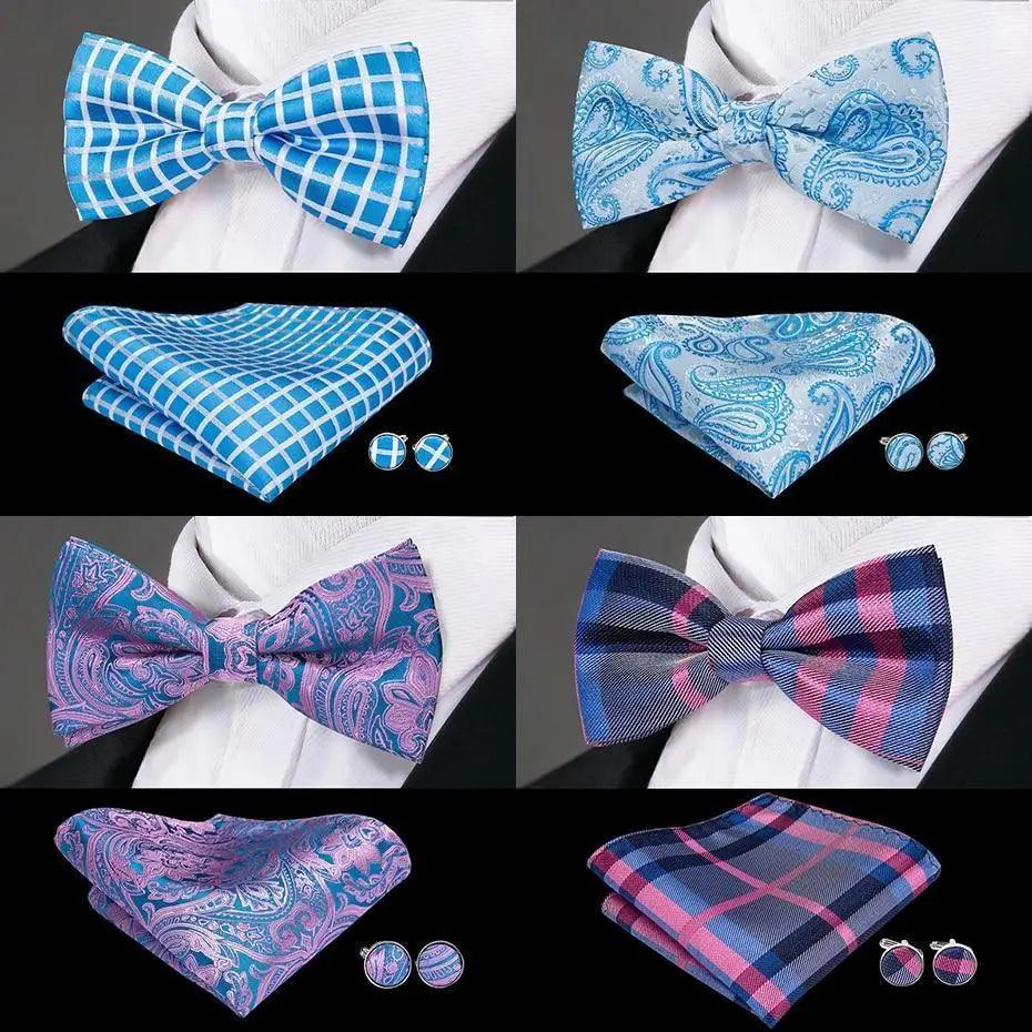Green Color Silk Butterfly Pre-Tied Bow Tie Pocket Square Cufflinks Suit Set For Men Silk Adjustable Self Bowtie Formal Bowtie Set Stevvex