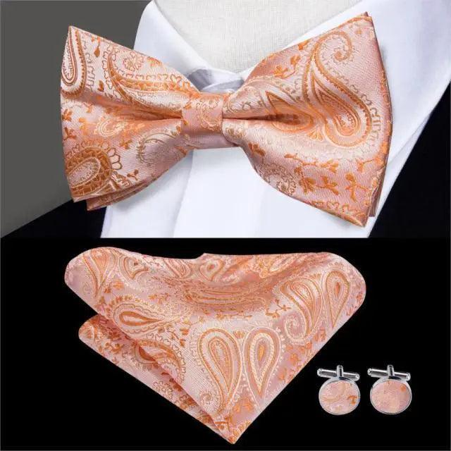 Green Color Silk Butterfly Pre-Tied Bow Tie Pocket Square Cufflinks Suit Set For Men Silk Adjustable Self Bowtie Formal Bowtie Set Stevvex