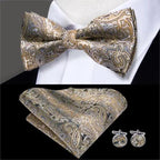 Green Color Silk Butterfly Pre-Tied Bow Tie Pocket Square Cufflinks Suit Set For Men Silk Adjustable Self Bowtie Formal Bowtie Set Stevvex