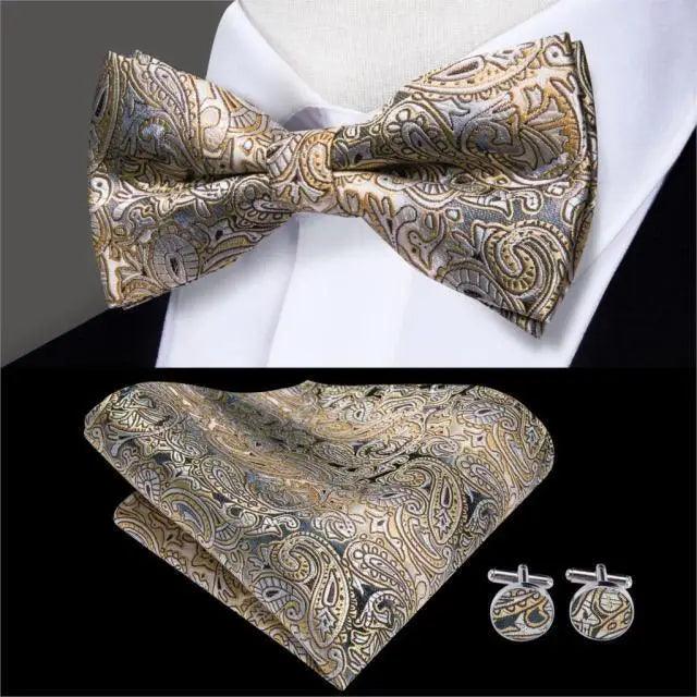 Green Color Silk Butterfly Pre-Tied Bow Tie Pocket Square Cufflinks Suit Set For Men Silk Adjustable Self Bowtie Formal Bowtie Set Stevvex