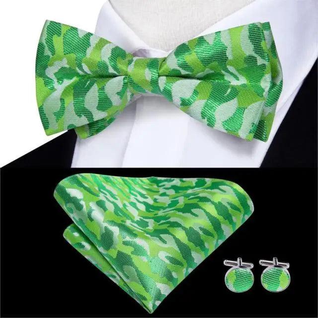 Green Color Silk Butterfly Pre-Tied Bow Tie Pocket Square Cufflinks Suit Set For Men Silk Adjustable Self Bowtie Formal Bowtie Set Stevvex
