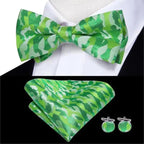 Green Color Silk Butterfly Pre-Tied Bow Tie Pocket Square Cufflinks Suit Set For Men Silk Adjustable Self Bowtie Formal Bowtie Set Stevvex