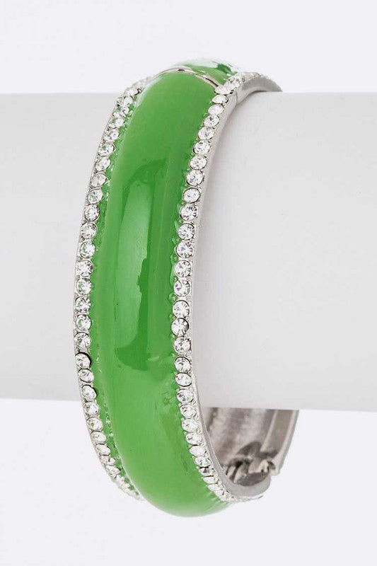 Green Enamel Crystal Bangle With Peace Sign Accent