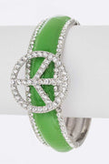 Green Enamel Crystal Bangle With Peace Sign Accent