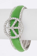 Green Enamel Crystal Bangle With Peace Sign Accent