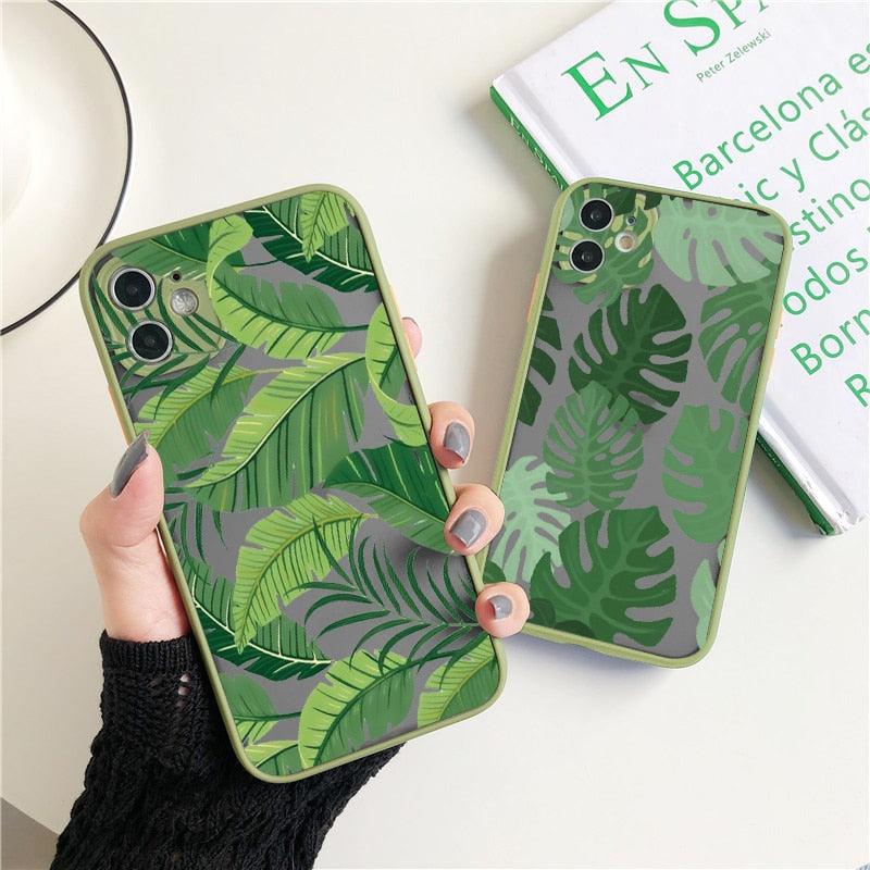 Green Leaves Plant Flower Phone Case for iphone 11 12 13 14 Pro Max Hard Back Shockproof Cover Floral Tropical Design with Slim Glossy Green Palm Leaves Pattern Case Stevvex
