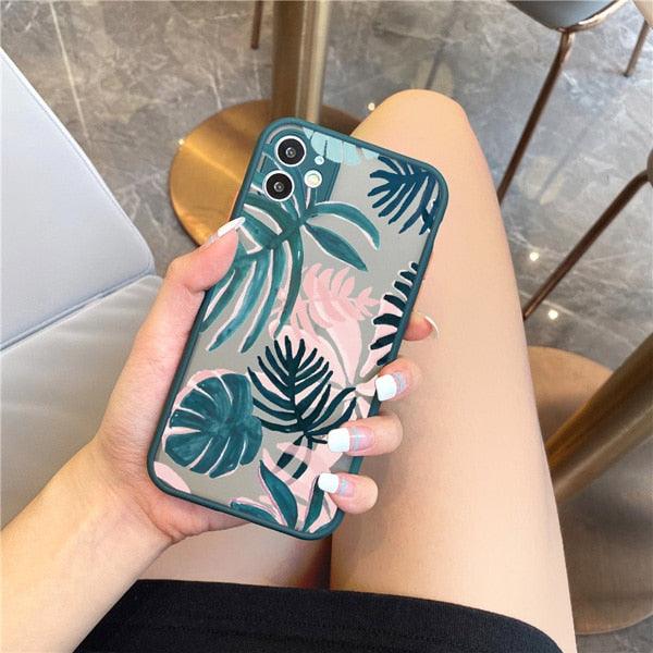 Green Leaves Plant Flower Phone Case for iphone 11 12 13 14 Pro Max Hard Back Shockproof Cover Floral Tropical Design with Slim Glossy Green Palm Leaves Pattern Case Stevvex