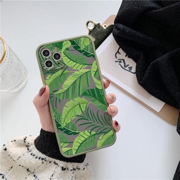 Green Leaves Plant Flower Phone Case for iphone 11 12 13 14 Pro Max Hard Back Shockproof Cover Floral Tropical Design with Slim Glossy Green Palm Leaves Pattern Case Stevvex