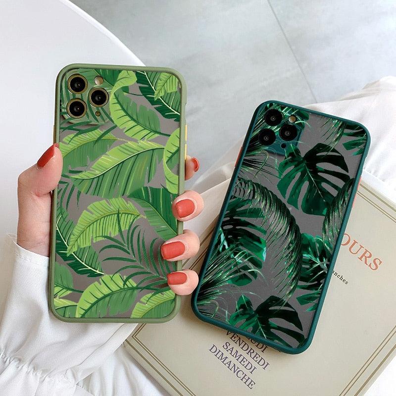 Green Leaves Plant Flower Phone Case for iphone 11 12 13 14 Pro Max Hard Back Shockproof Cover Floral Tropical Design with Slim Glossy Green Palm Leaves Pattern Case Stevvex