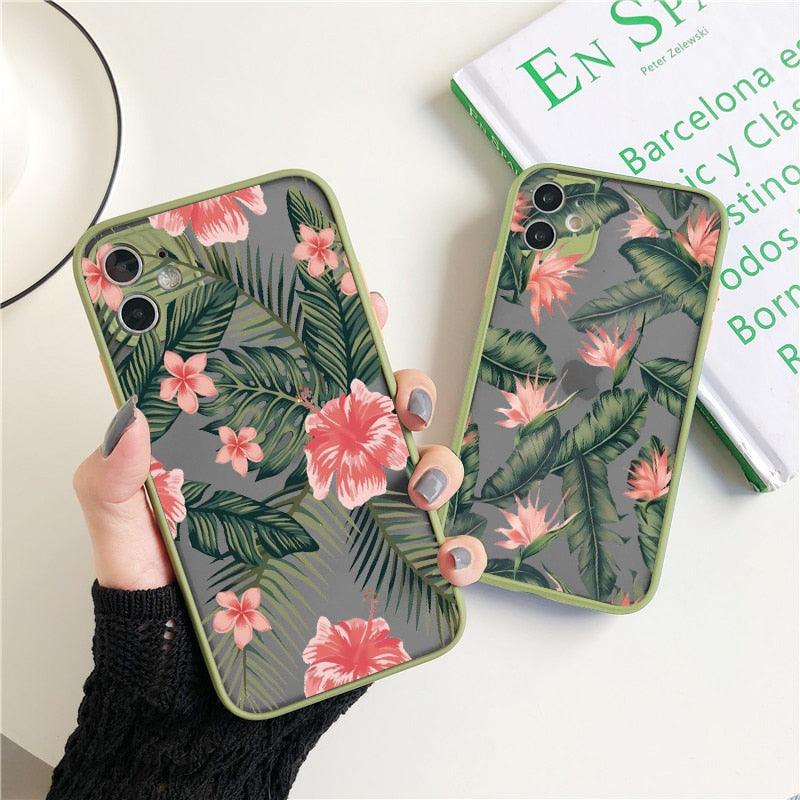 Green Leaves Plant Flower Phone Case for iphone 11 12 13 14 Pro Max Hard Back Shockproof Cover Floral Tropical Design with Slim Glossy Green Palm Leaves Pattern Case Stevvex