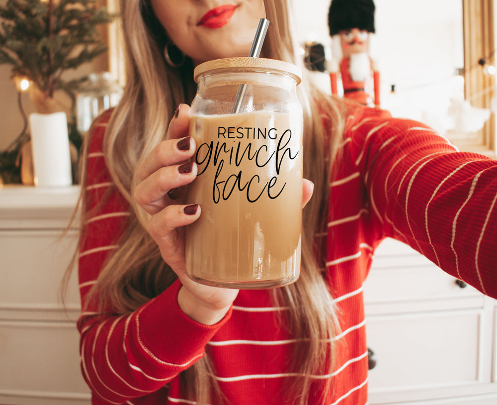 Grinch Face 17oz Glass Tumbler With Bamboo Lid and 2 Stainless Straws Holiday BandsCo Straps
