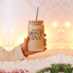 Grinch Face 17oz Glass Tumbler With Bamboo Lid and 2 Stainless Straws Holiday BandsCo Straps
