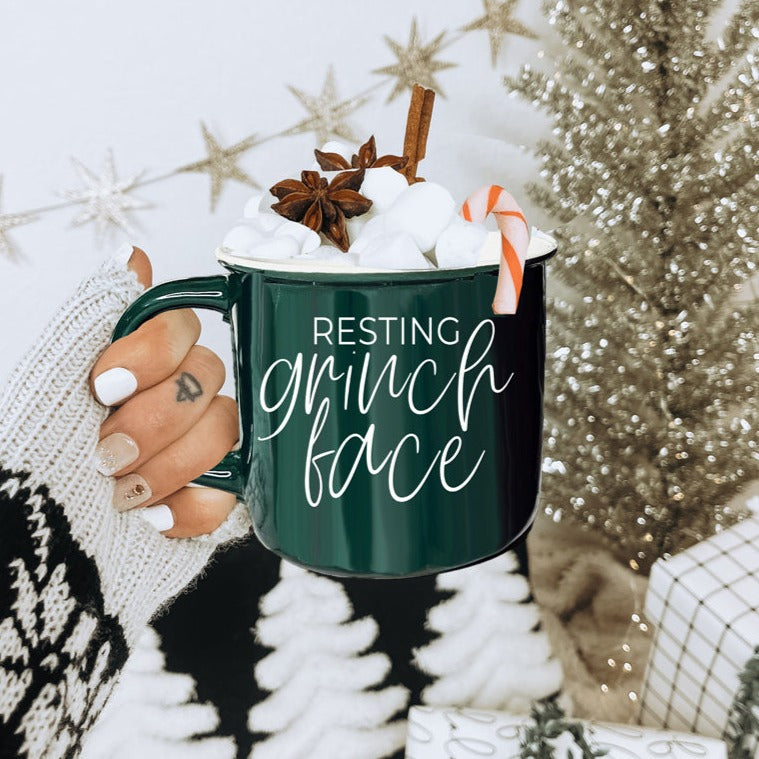 Grinch Face Mug 14.5oz Ceramic Campfire Mug Red Green Funny Holiday Coffee Cup BandsCo Straps