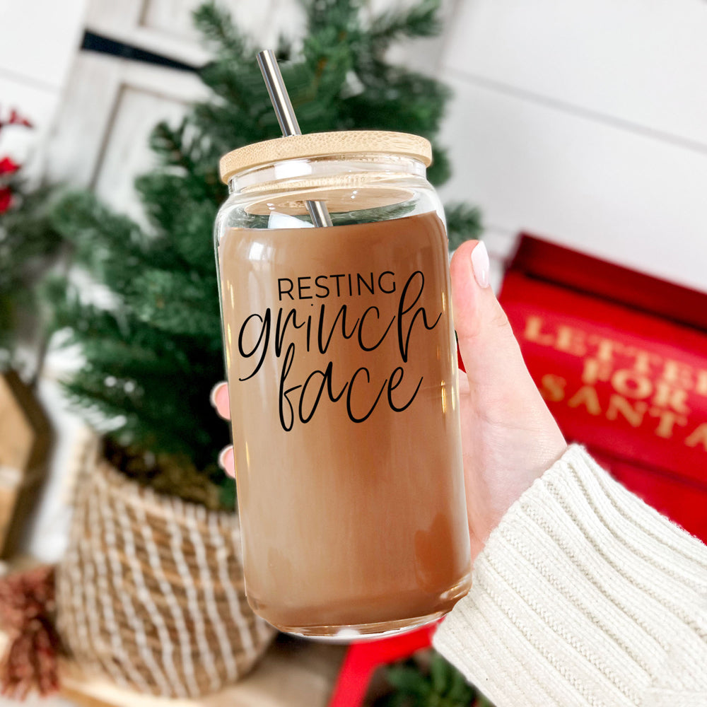 Grinch Face 17oz Glass Tumbler With Bamboo Lid and 2 Stainless Straws Holiday BandsCo Straps