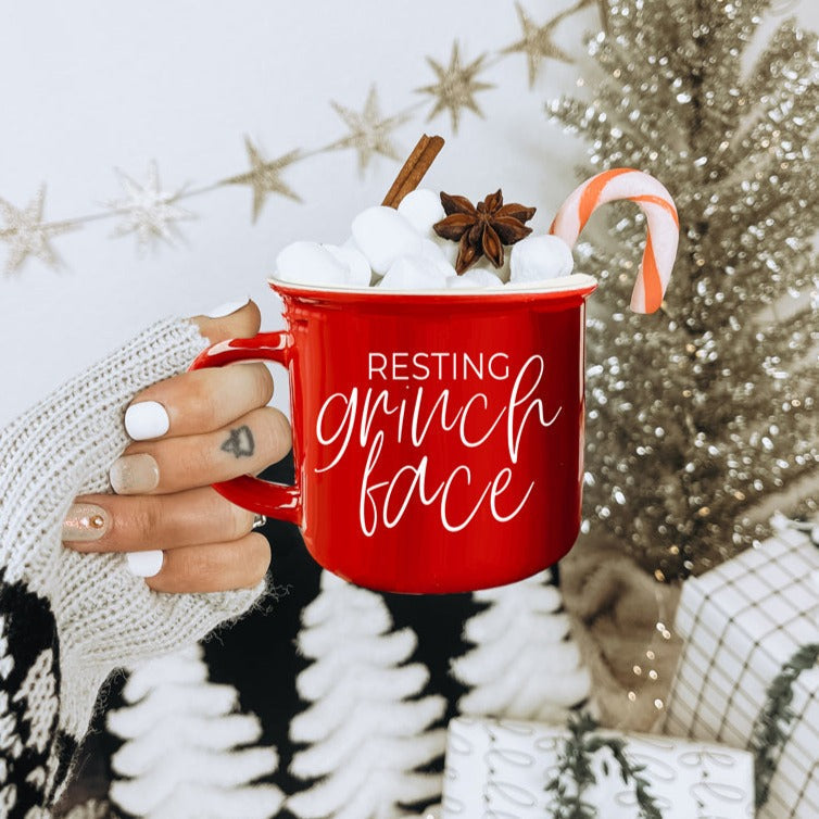 Grinch Face Mug 14.5oz Ceramic Campfire Mug Red Green Funny Holiday Coffee Cup BandsCo Straps