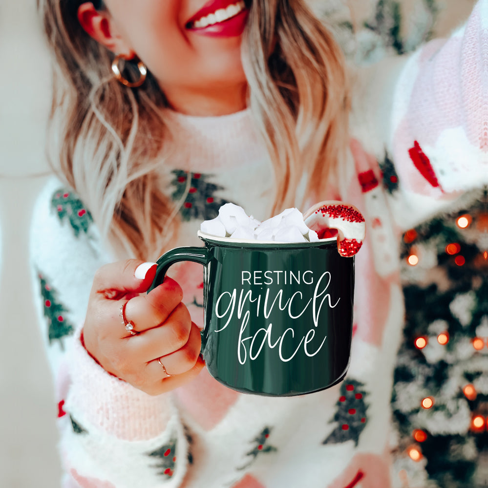 Grinch Face Mug 14.5oz Ceramic Campfire Mug Red Green Funny Holiday Coffee Cup BandsCo Straps