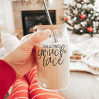 Grinch Face 17oz Glass Tumbler With Bamboo Lid and 2 Stainless Straws Holiday BandsCo Straps