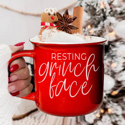 Grinch Face Mug 14.5oz Ceramic Campfire Mug Red Green Funny Holiday Coffee Cup BandsCo Straps