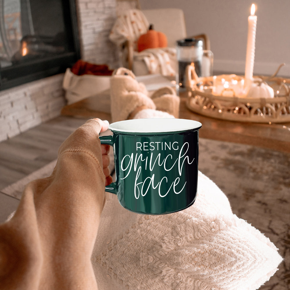 Grinch Face Mug 14.5oz Ceramic Campfire Mug Red Green Funny Holiday Coffee Cup BandsCo Straps