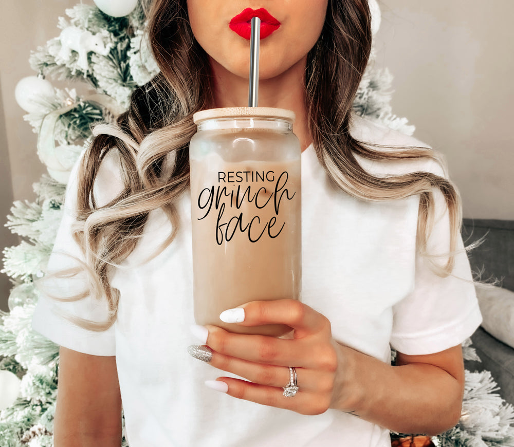 Grinch Face 17oz Glass Tumbler With Bamboo Lid and 2 Stainless Straws Holiday BandsCo Straps