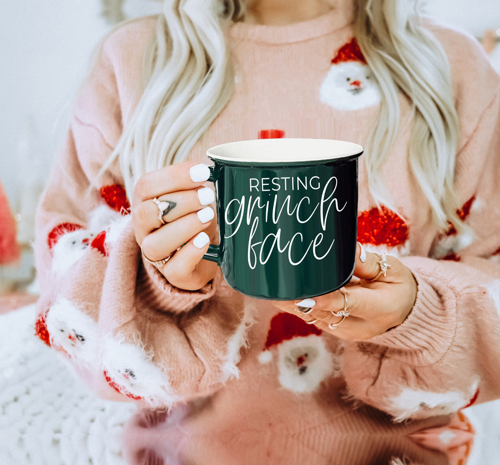 Grinch Face Mug 14.5oz Ceramic Campfire Mug Red Green Funny Holiday Coffee Cup BandsCo Straps