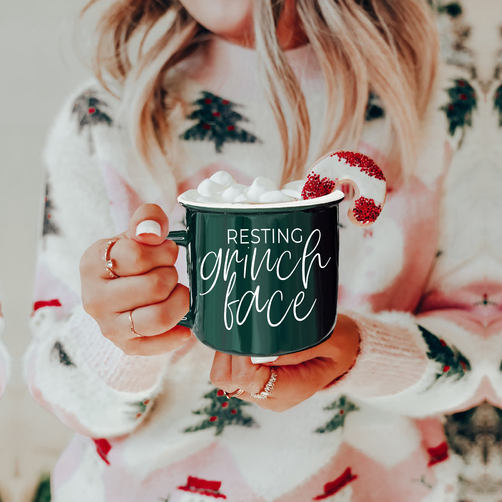 Grinch Face Mug 14.5oz Ceramic Campfire Mug Red Green Funny Holiday Coffee Cup BandsCo Straps