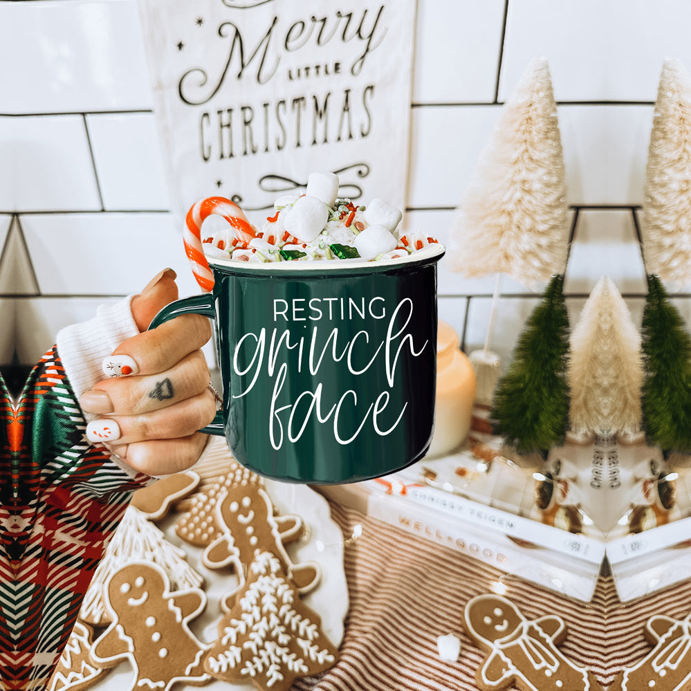 Grinch Face Mug 14.5oz Ceramic Campfire Mug Red Green Funny Holiday Coffee Cup BandsCo Straps