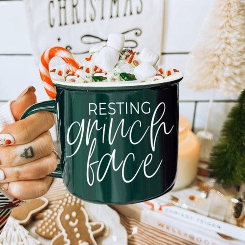 Grinch Face Mug 14.5oz Ceramic Campfire Mug Red Green Funny Holiday Coffee Cup BandsCo Straps