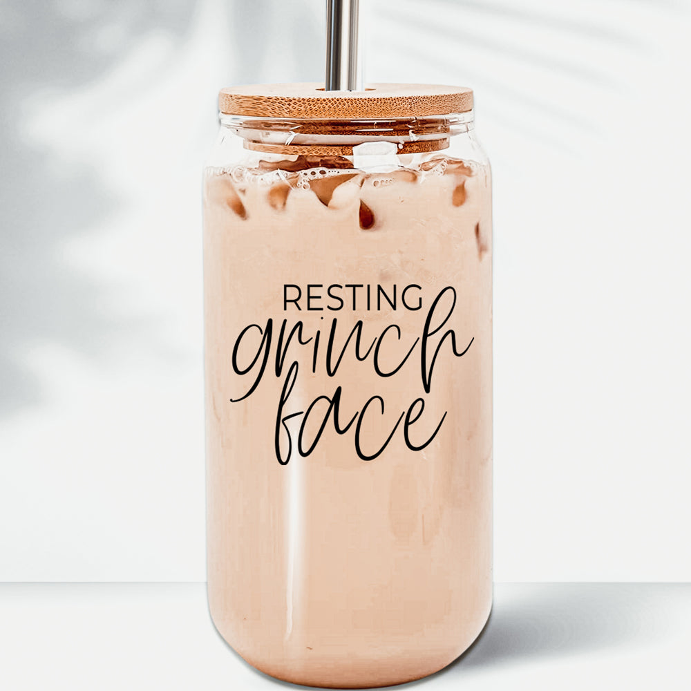 Grinch Face 17oz Glass Tumbler With Bamboo Lid and 2 Stainless Straws Holiday BandsCo Straps
