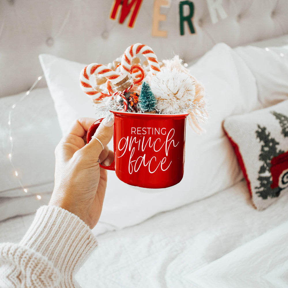 Grinch Face Mug 14.5oz Ceramic Campfire Mug Red Green Funny Holiday Coffee Cup BandsCo Straps