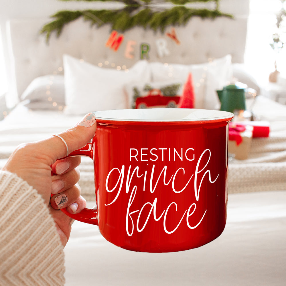 Grinch Face Mug 14.5oz Ceramic Campfire Mug Red Green Funny Holiday Coffee Cup BandsCo Straps