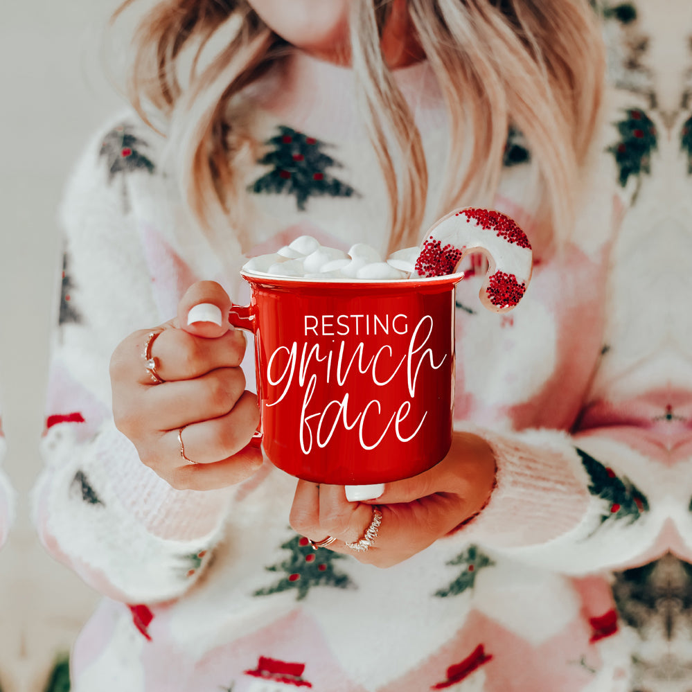 Grinch Face Mug 14.5oz Ceramic Campfire Mug Red Green Funny Holiday Coffee Cup BandsCo Straps