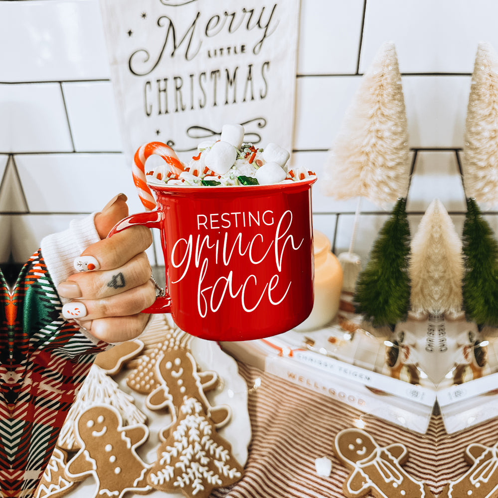 Grinch Face Mug 14.5oz Ceramic Campfire Mug Red Green Funny Holiday Coffee Cup BandsCo Straps
