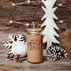 Grinch Face 17oz Glass Tumbler With Bamboo Lid and 2 Stainless Straws Holiday BandsCo Straps