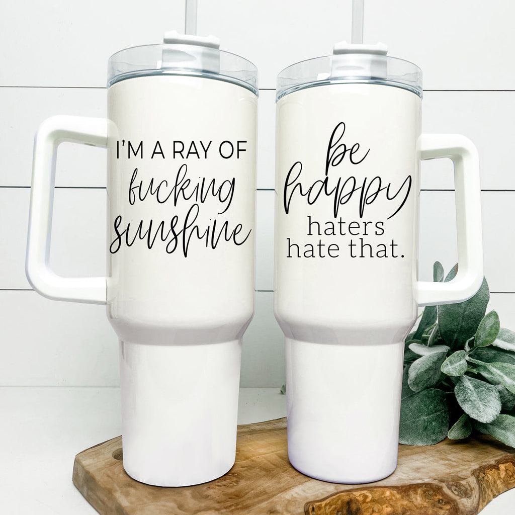 Ray Of Sunshine 40oz Insulated Travel Mug With Handle Lid And Straw BandsCo Straps