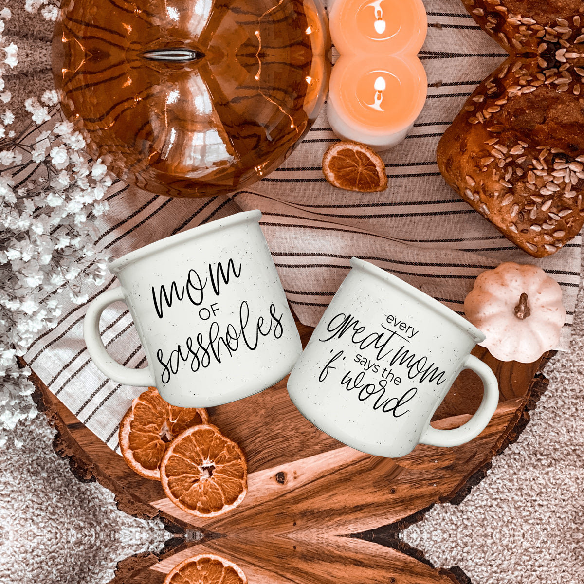 14.5oz Ceramic Campfire Mug - Every Great Mom Says, Speckled Ivory Double-Sided BandsCo Straps