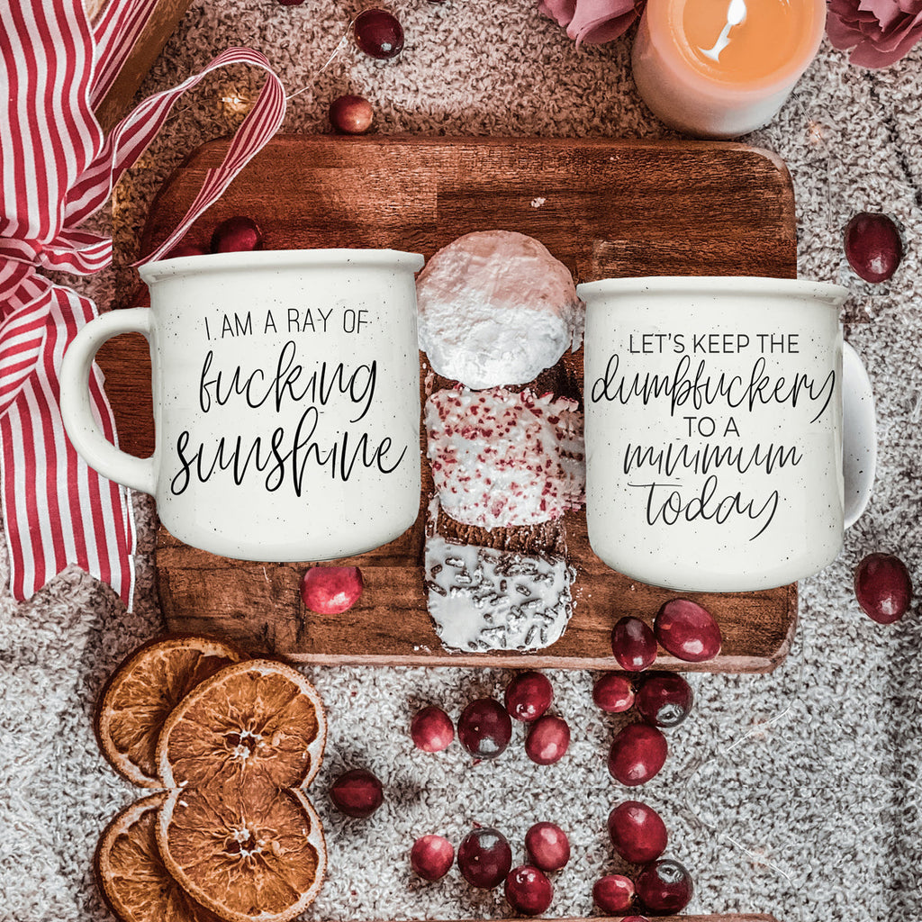 14.5oz Ceramic Campfire Mug White Sesame Glaze Speckled Ivory Black Lettering Design Both Sides Gift BandsCo Straps