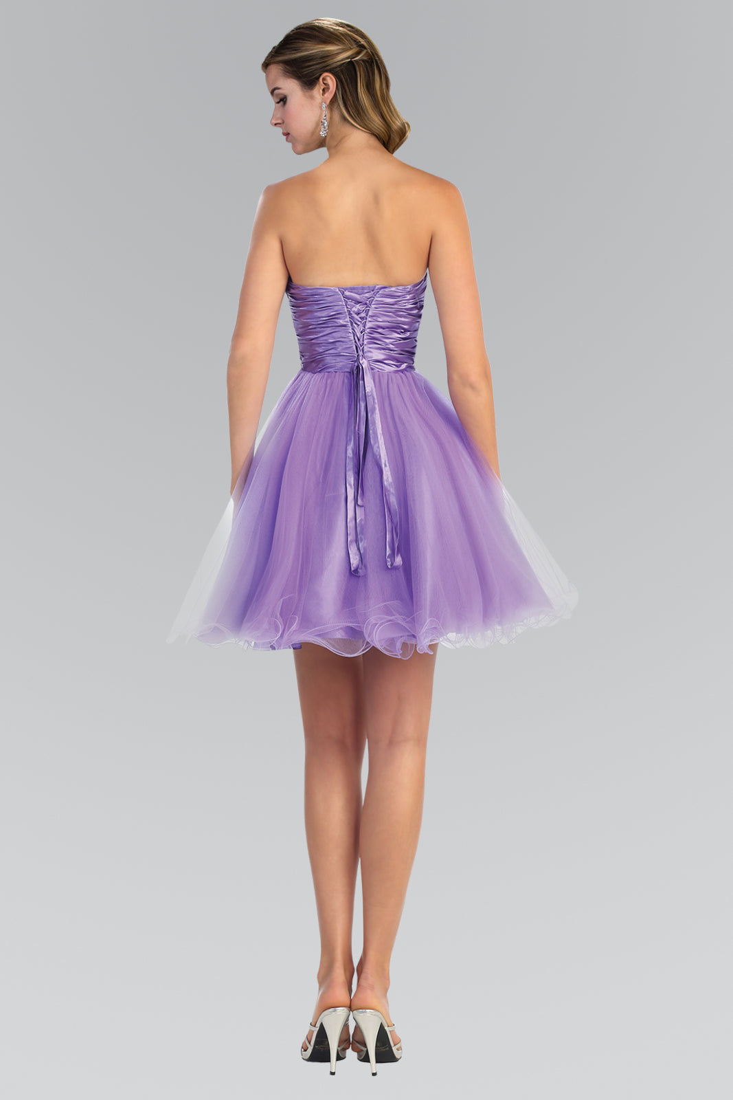 Sleeveless Sweetheart Beaded Tulle Short Dress with Pleated Satin Waistband Purplish Diva