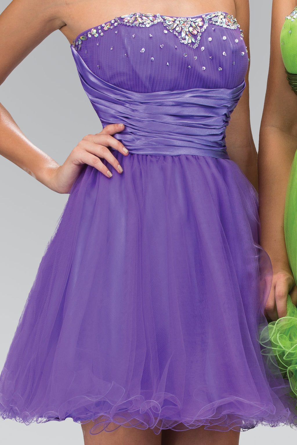 Sleeveless Sweetheart Beaded Tulle Short Dress with Pleated Satin Waistband Purplish Diva