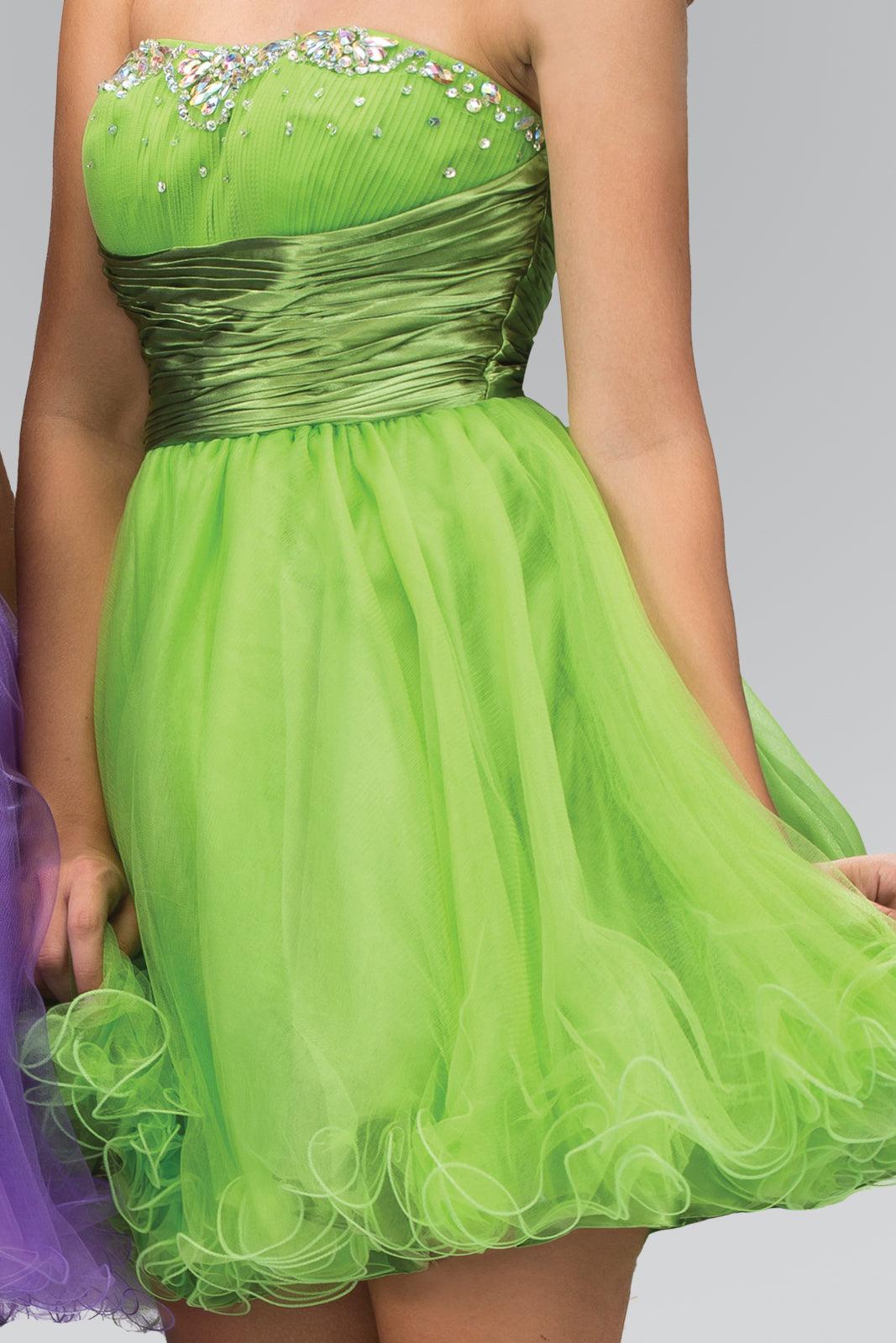 Sleeveless Sweetheart Beaded Tulle Short Dress with Pleated Satin Waistband Purplish Diva