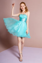 Sleeveless Sweetheart Beaded Tulle Short Dress with Pleated Satin Waistband Purplish Diva