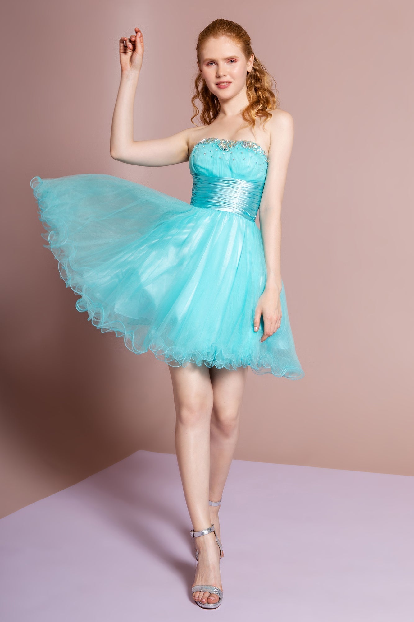 Sleeveless Sweetheart Beaded Tulle Short Dress with Pleated Satin Waistband Purplish Diva
