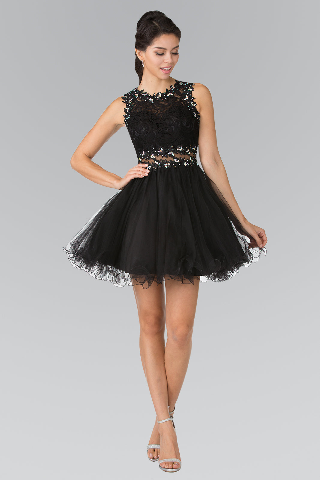 Sleeveless Short Dress with Lace Bodice and Sheer Waistline Purplish Diva