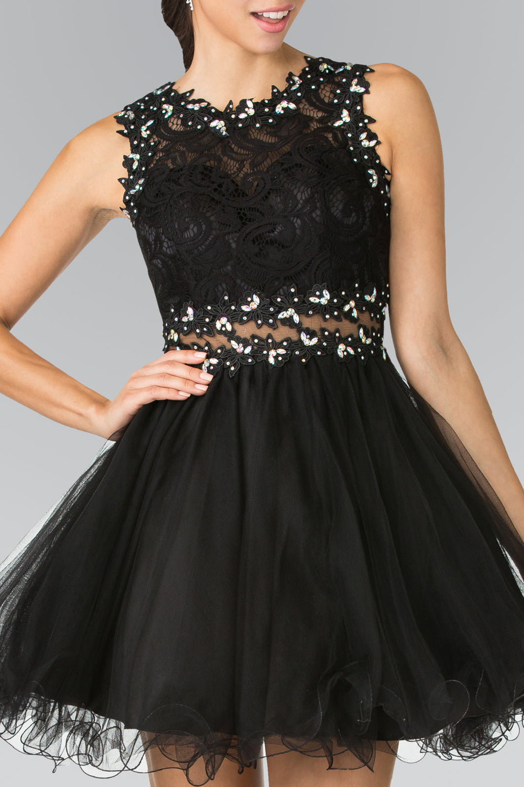 Sleeveless Short Dress with Lace Bodice and Sheer Waistline Purplish Diva